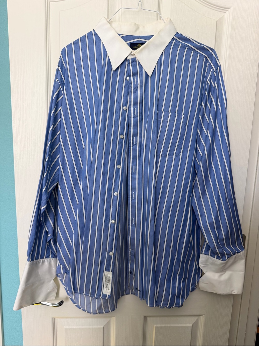 90s Vintage Holland & Sherry Blue Stripe Dress Shirt with White Contrast Collar